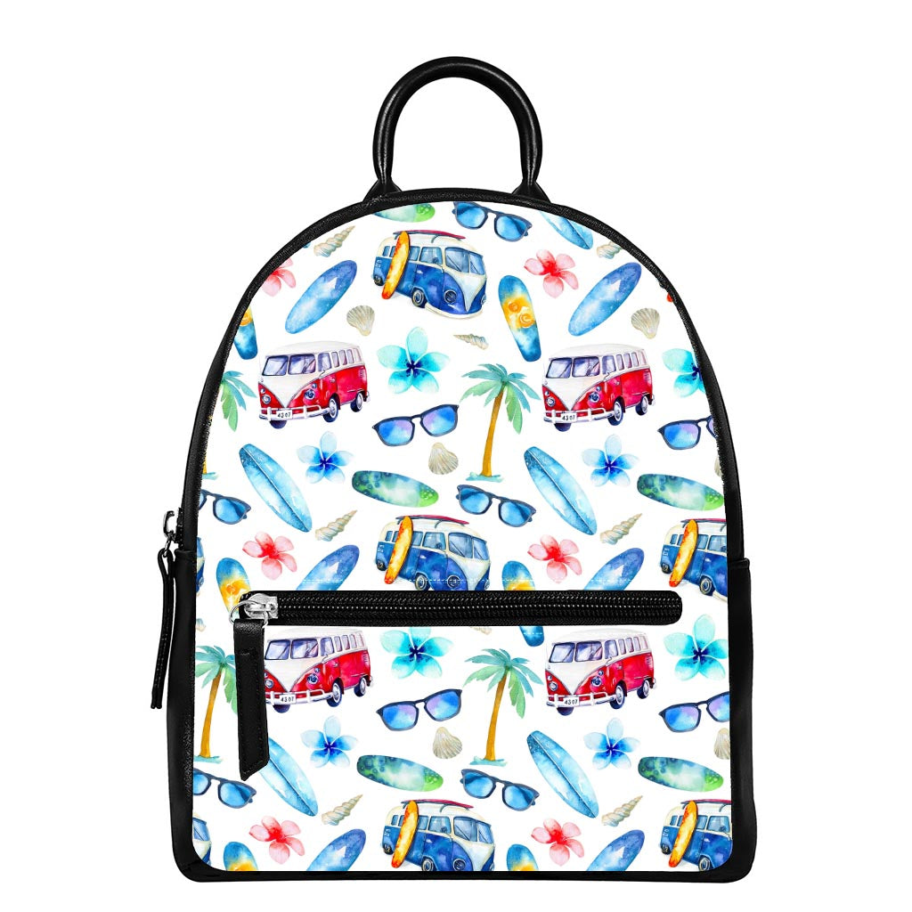 Watercolor Surfing Pattern Print Leather Backpack