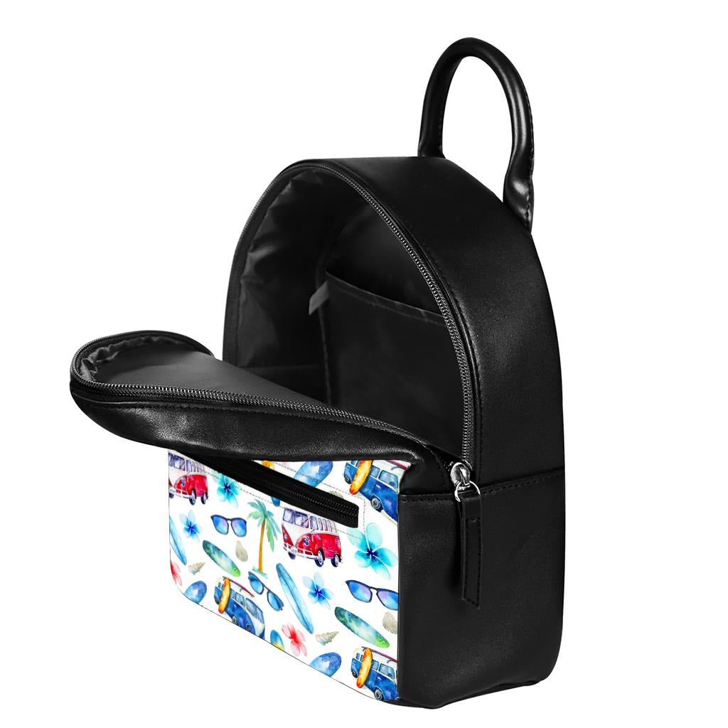 Watercolor Surfing Pattern Print Leather Backpack