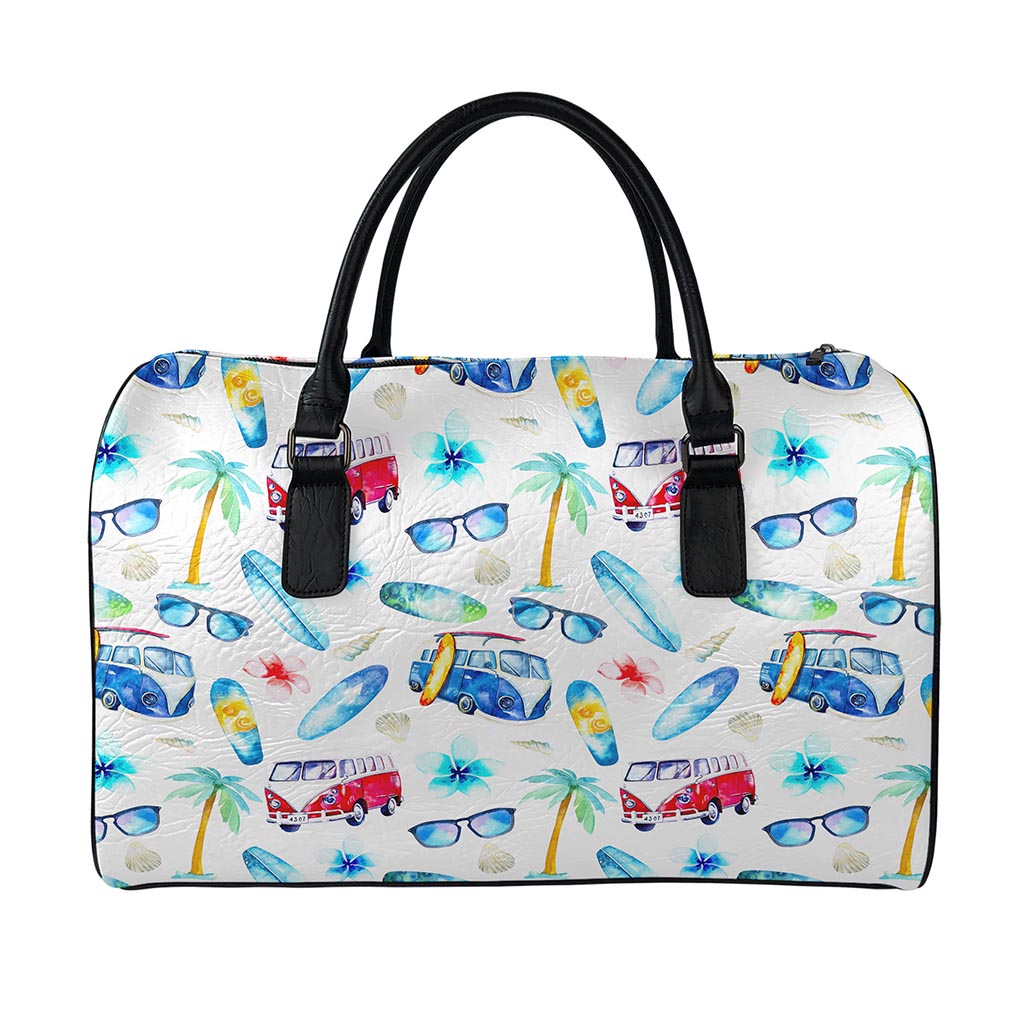 Watercolor Surfing Pattern Print Leather Duffle Bag