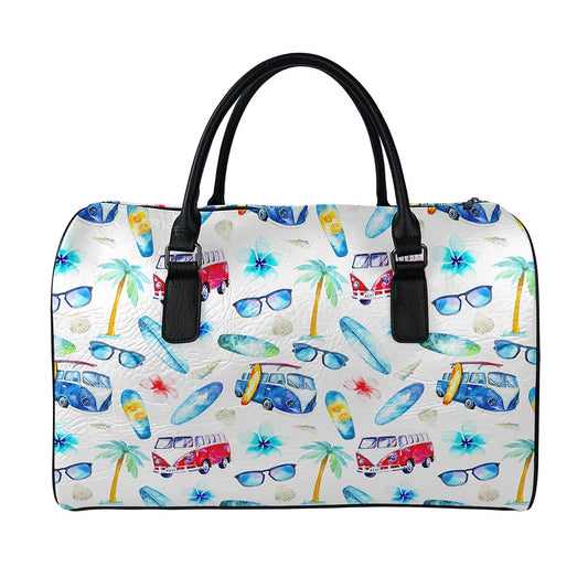 Watercolor Surfing Pattern Print Leather Duffle Bag