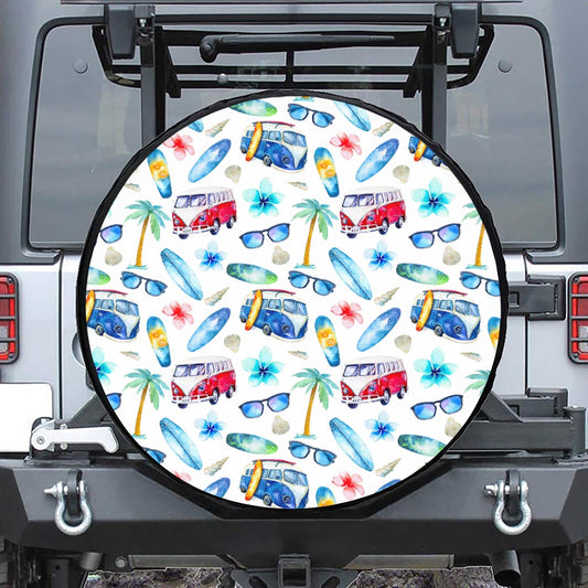 Watercolor Surfing Pattern Print Leather Spare Tire Cover