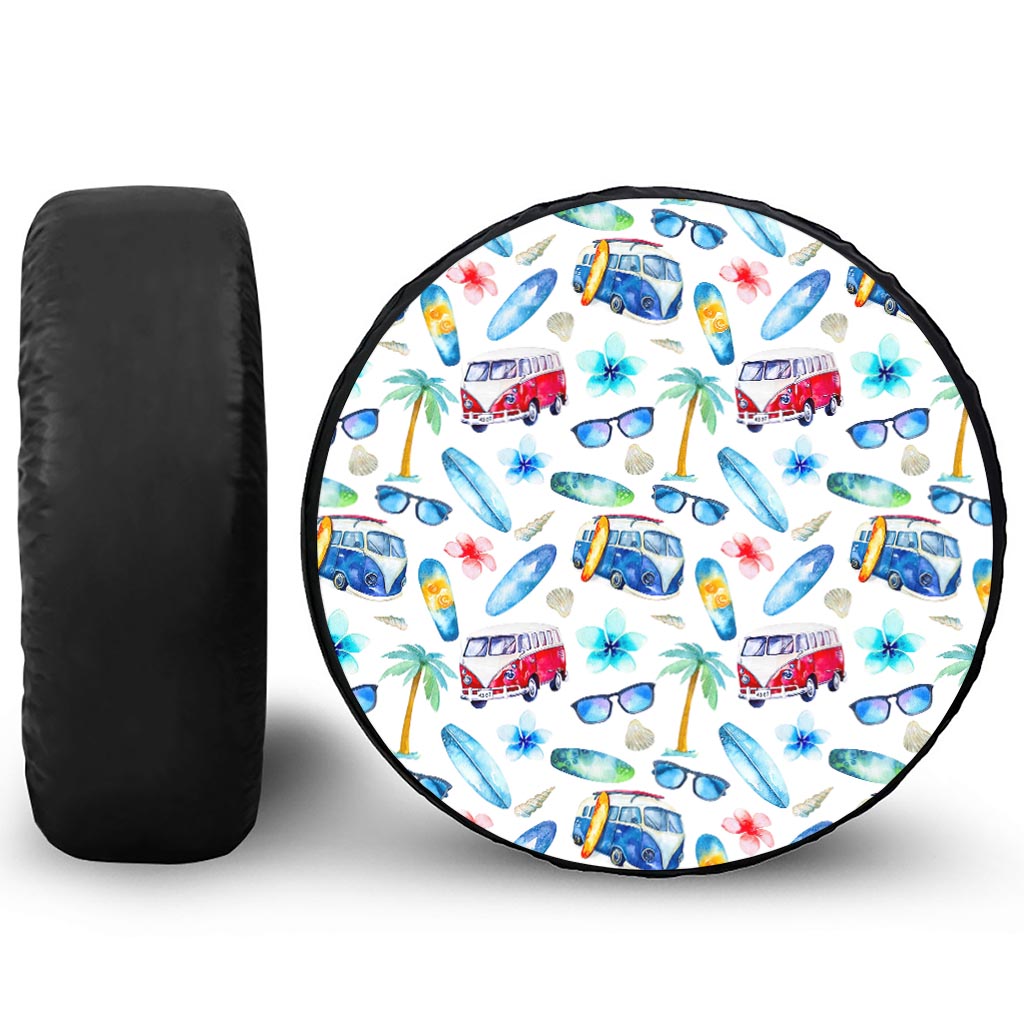 Watercolor Surfing Pattern Print Leather Spare Tire Cover