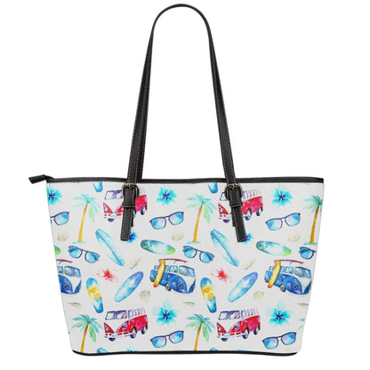 Watercolor Surfing Pattern Print Leather Tote Bag