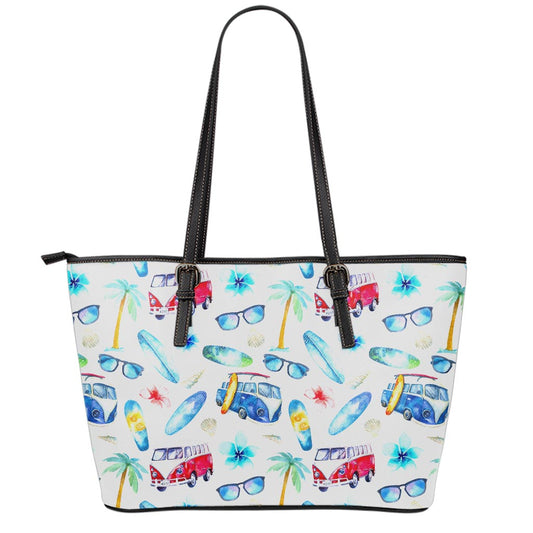 Watercolor Surfing Pattern Print Leather Tote Bag