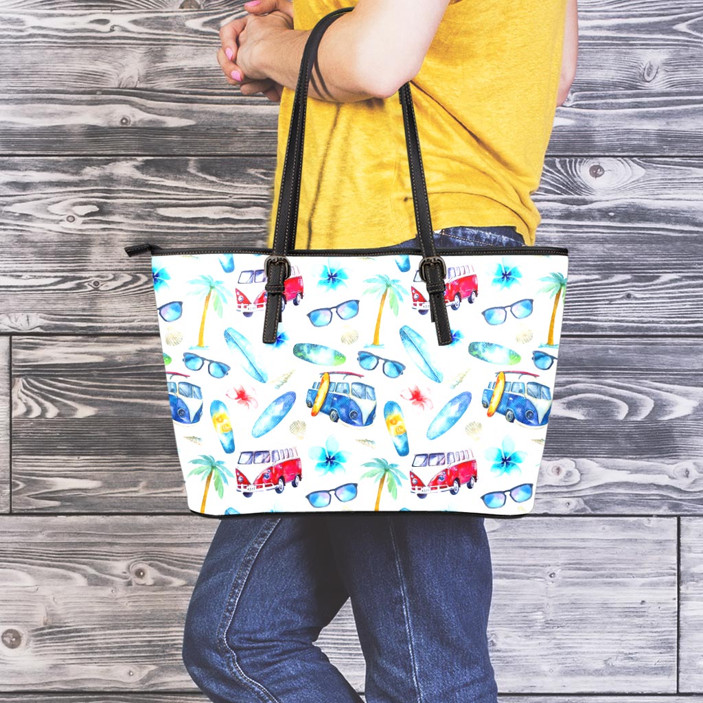 Watercolor Surfing Pattern Print Leather Tote Bag
