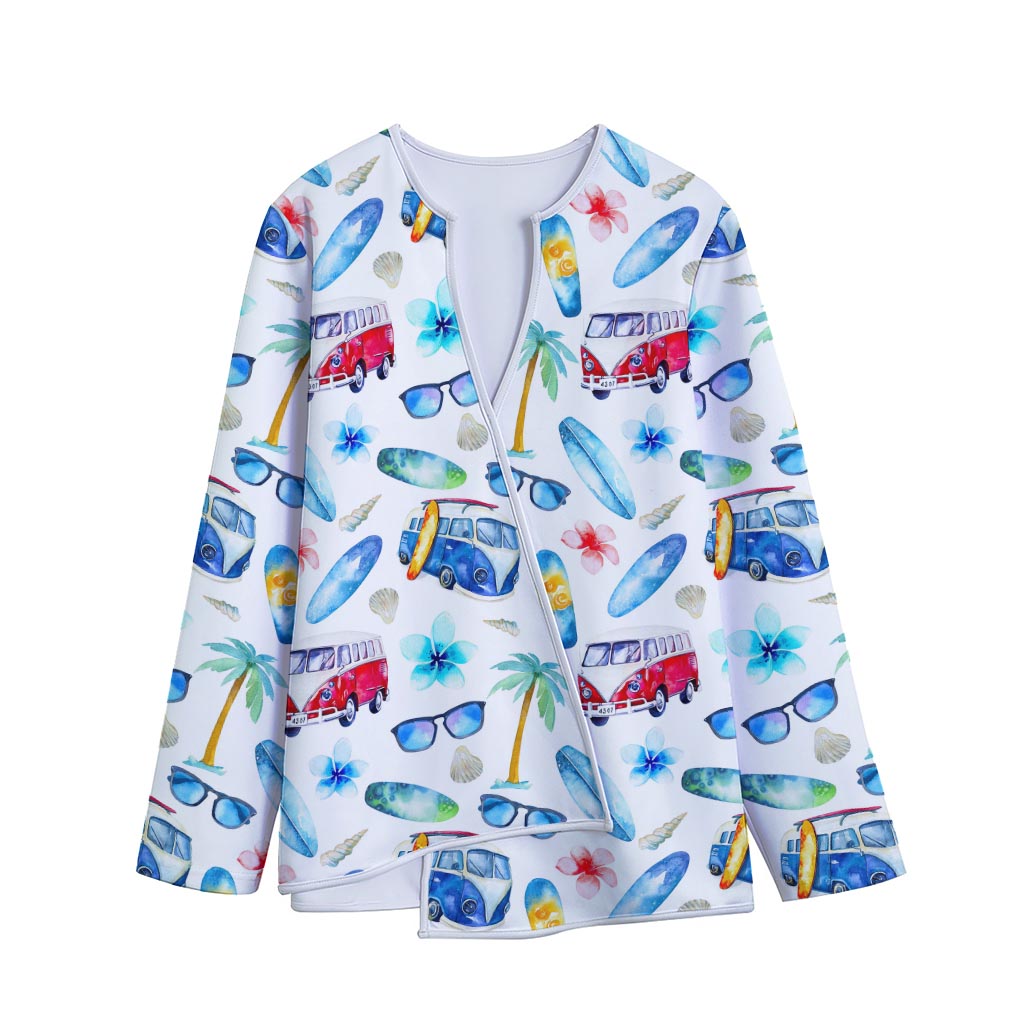 Watercolor Surfing Pattern Print Long Sleeve Short Coat