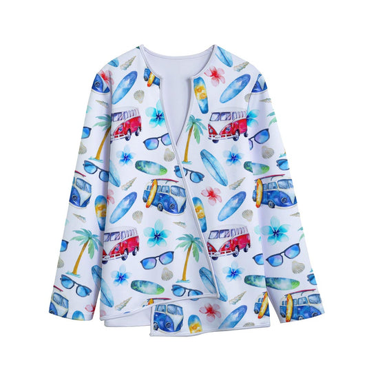 Watercolor Surfing Pattern Print Long Sleeve Short Coat