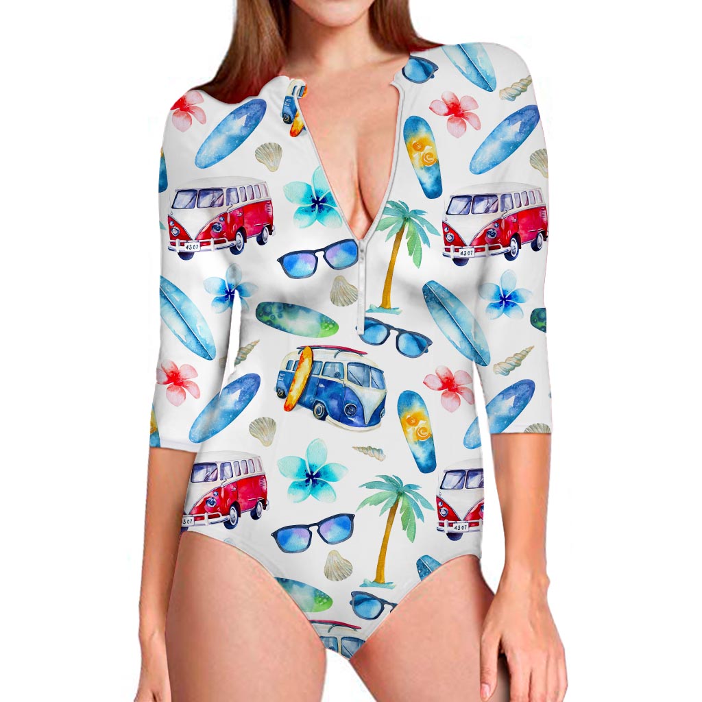 Watercolor Surfing Pattern Print Long Sleeve Swimsuit