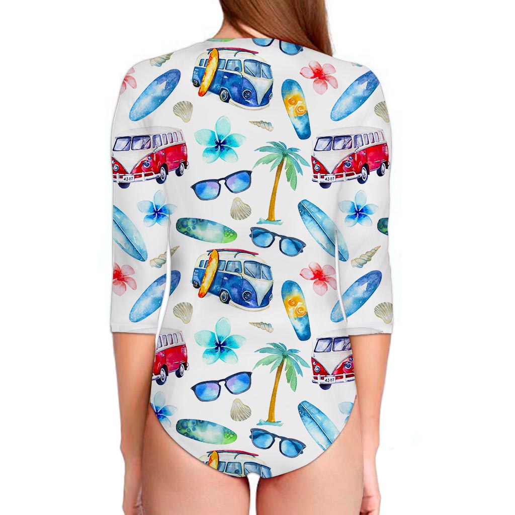 Watercolor Surfing Pattern Print Long Sleeve Swimsuit