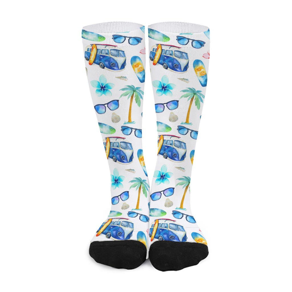 Watercolor Surfing Pattern Print Long Socks