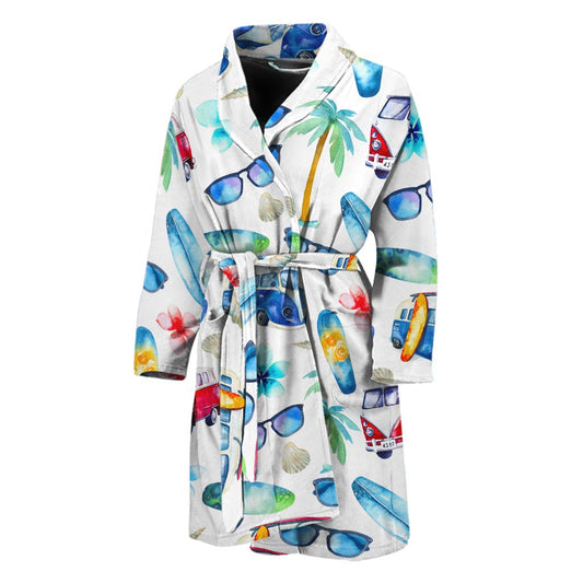 Watercolor Surfing Pattern Print Men's Bathrobe