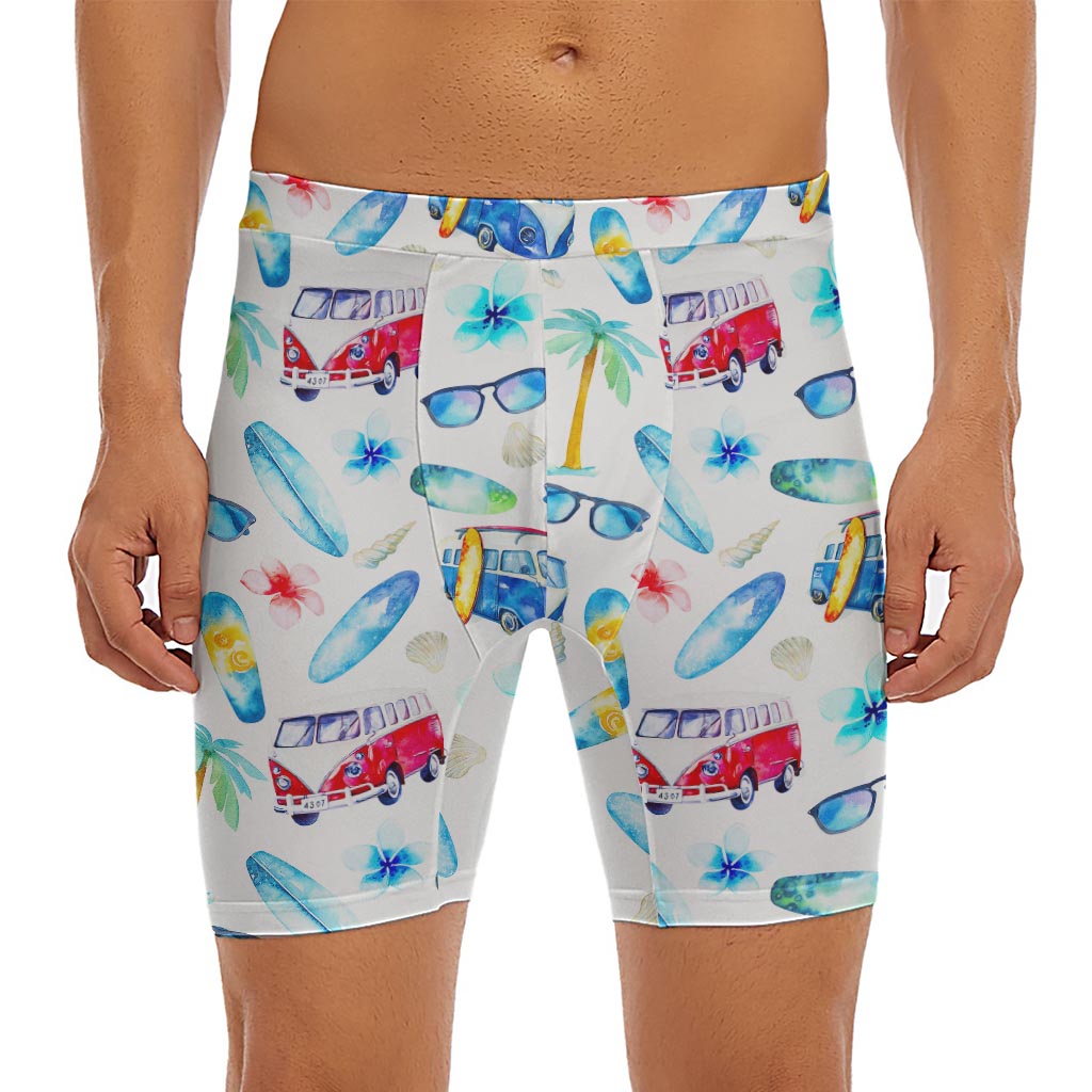 Watercolor Surfing Pattern Print Men's Long Boxer Briefs
