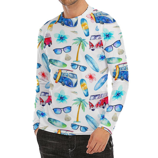 Watercolor Surfing Pattern Print Men's Long Sleeve Rash Guard
