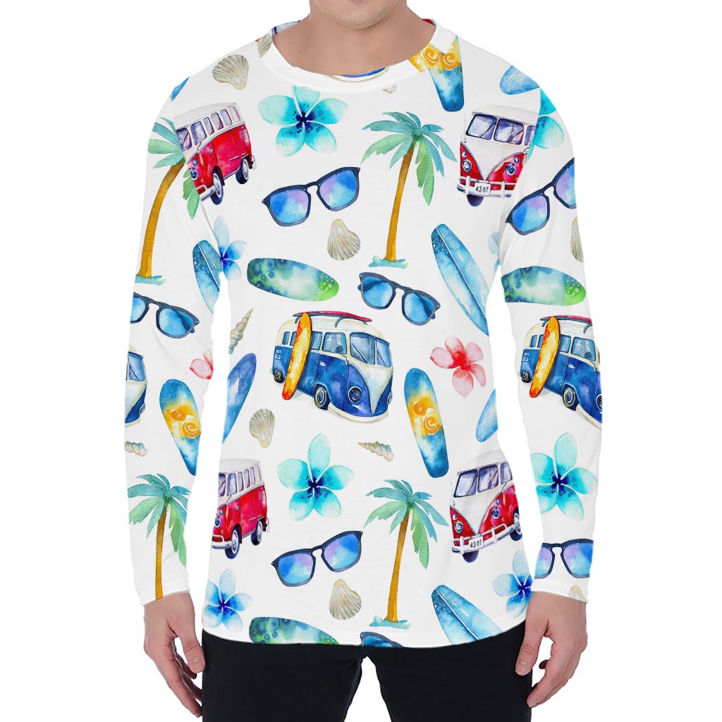 Watercolor Surfing Pattern Print Men's Long Sleeve T-Shirt