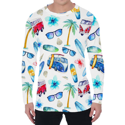 Watercolor Surfing Pattern Print Men's Long Sleeve T-Shirt