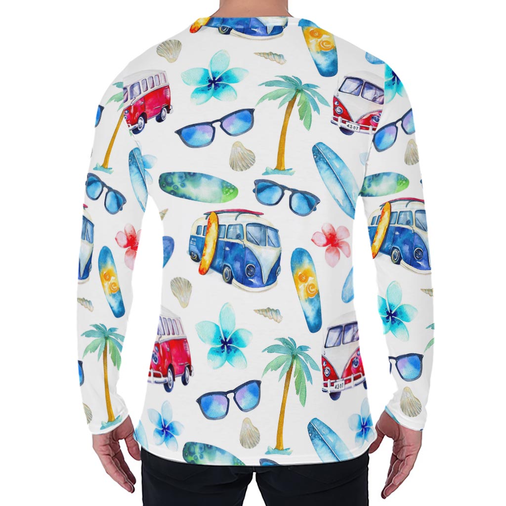 Watercolor Surfing Pattern Print Men's Long Sleeve T-Shirt