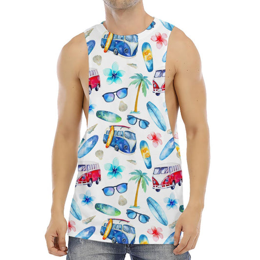 Watercolor Surfing Pattern Print Men's Muscle Tank Top