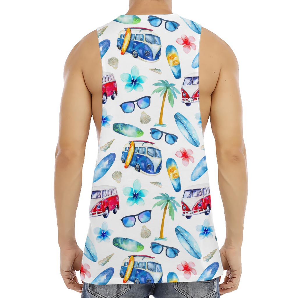 Watercolor Surfing Pattern Print Men's Muscle Tank Top