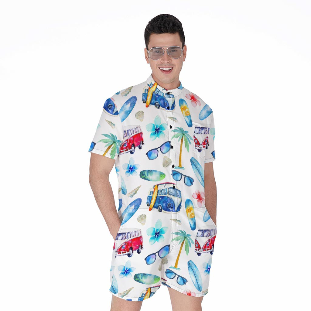 Watercolor Surfing Pattern Print Men's Rompers