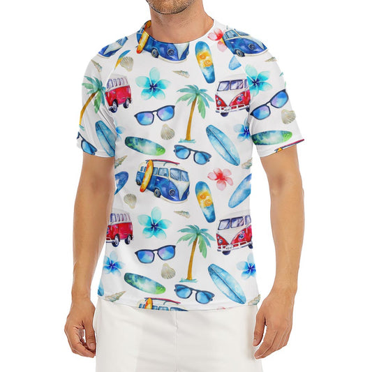 Watercolor Surfing Pattern Print Men's Short Sleeve Rash Guard