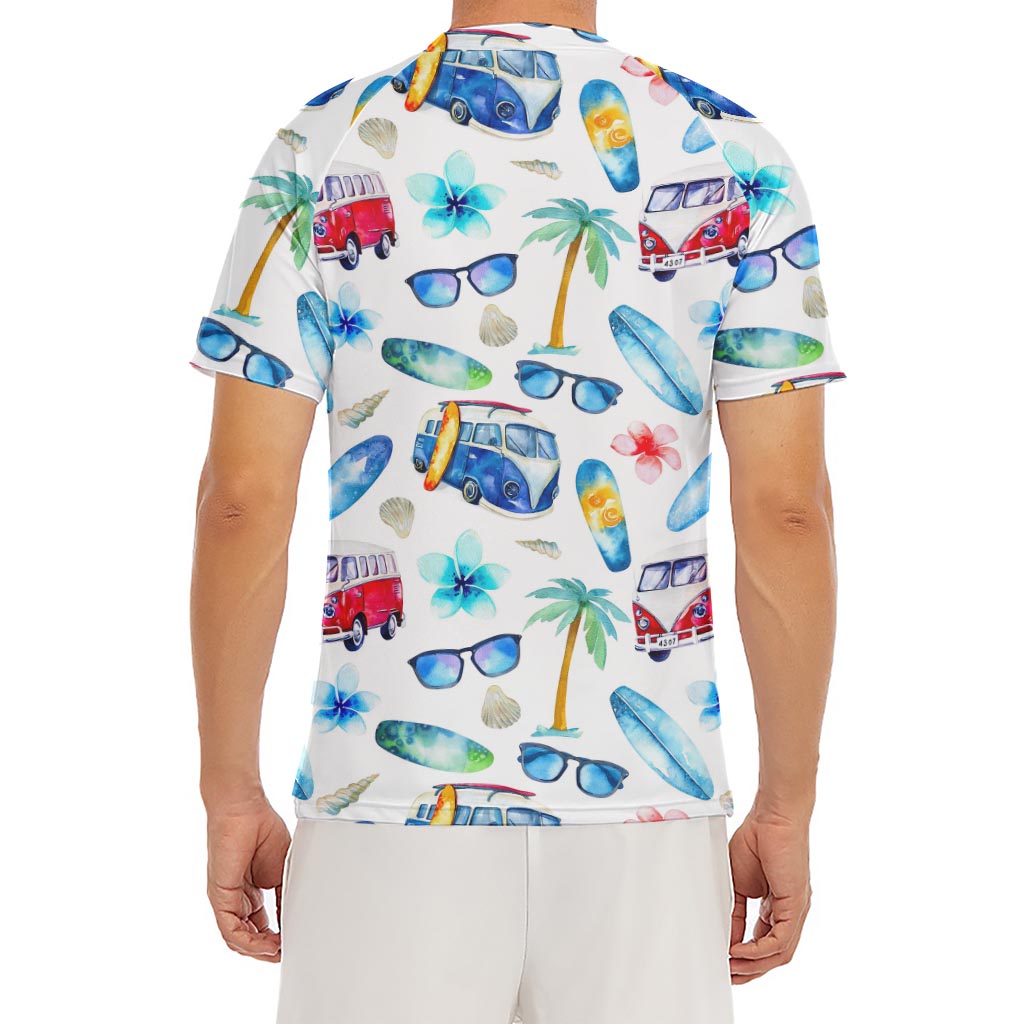 Watercolor Surfing Pattern Print Men's Short Sleeve Rash Guard