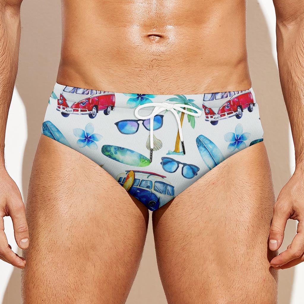 Watercolor Surfing Pattern Print Men's Swim Briefs