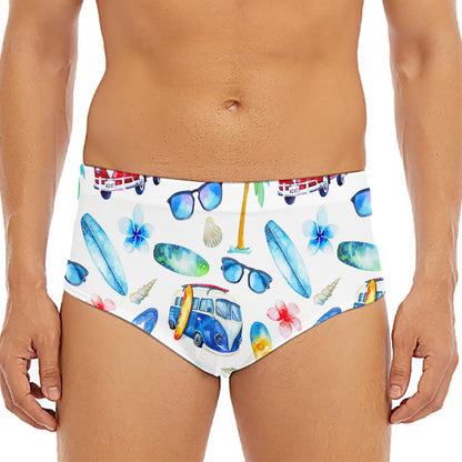 Watercolor Surfing Pattern Print Men's Triangle Swim Briefs