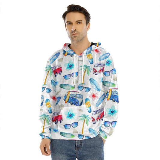 Watercolor Surfing Pattern Print Men's Velvet Pullover Hoodie