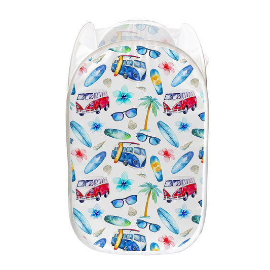 Watercolor Surfing Pattern Print Mesh Laundry Hamper