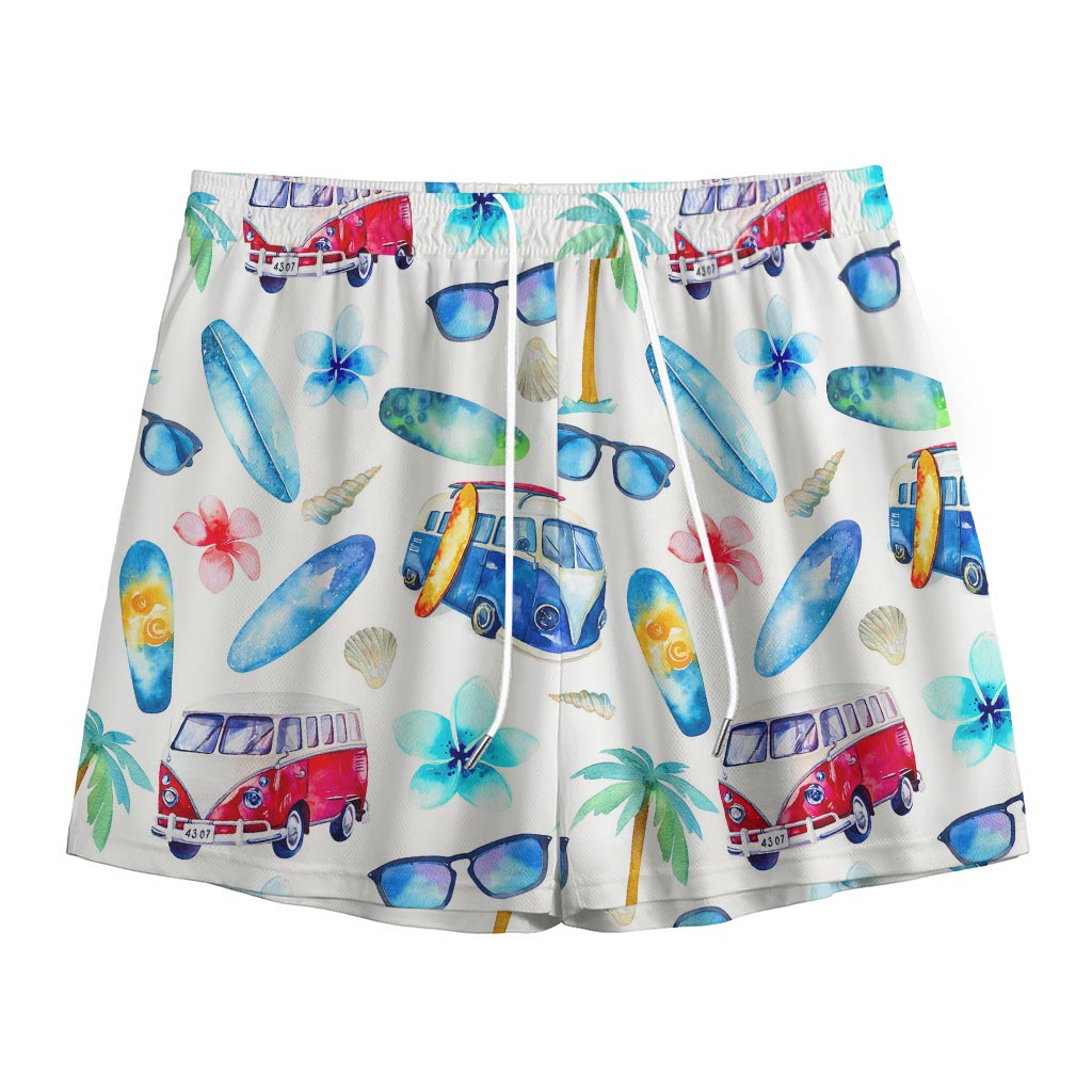 Watercolor Surfing Pattern Print Mesh Shorts