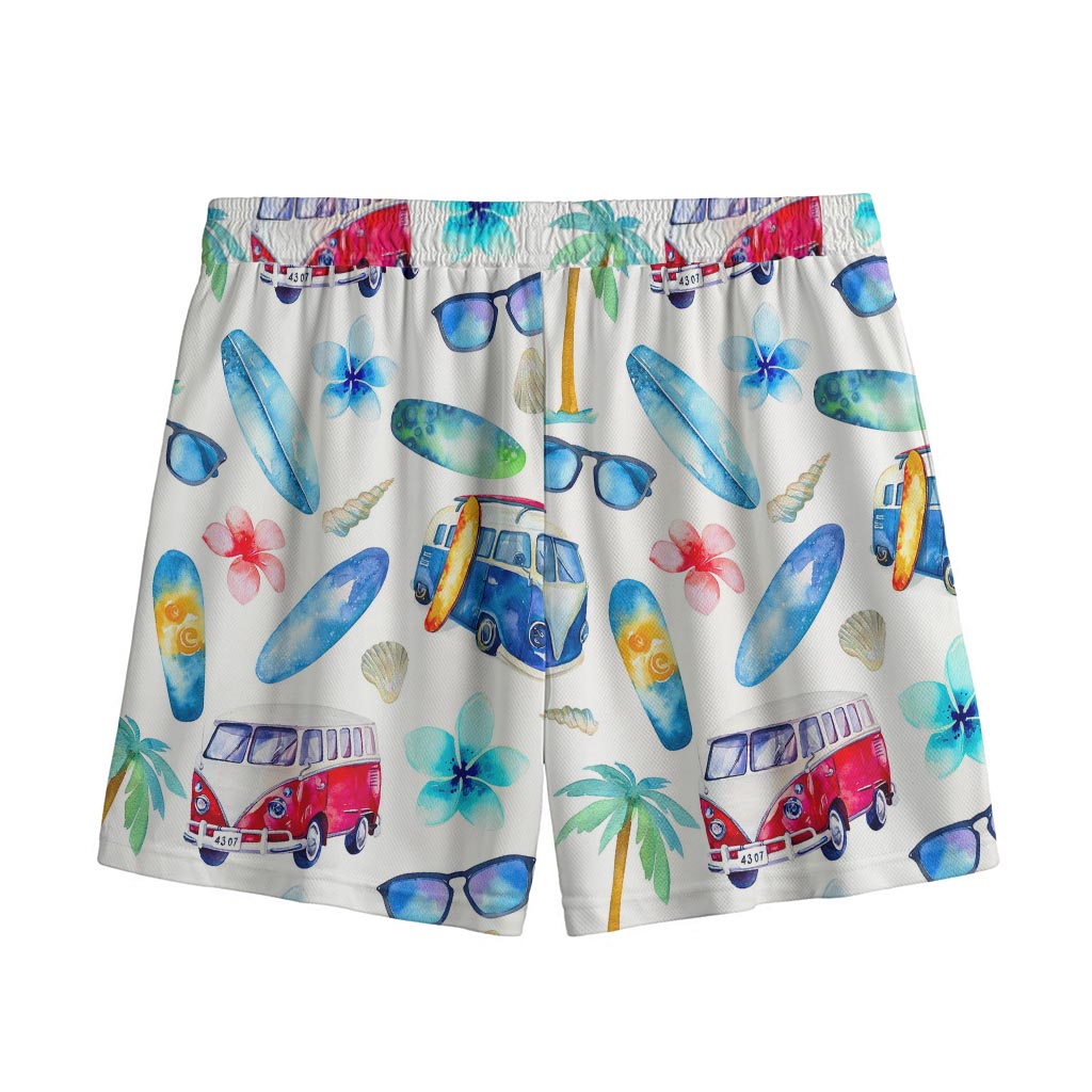 Watercolor Surfing Pattern Print Mesh Shorts