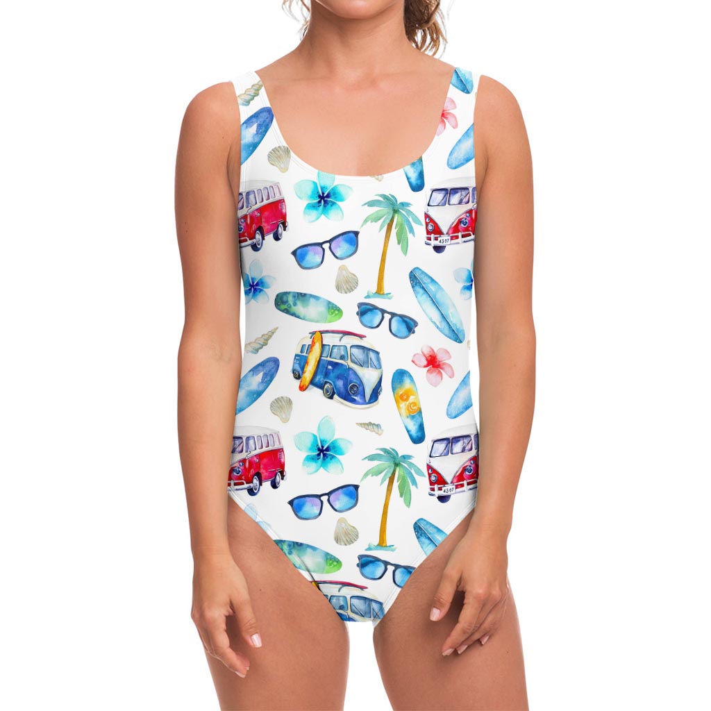 Watercolor Surfing Pattern Print One Piece Swimsuit