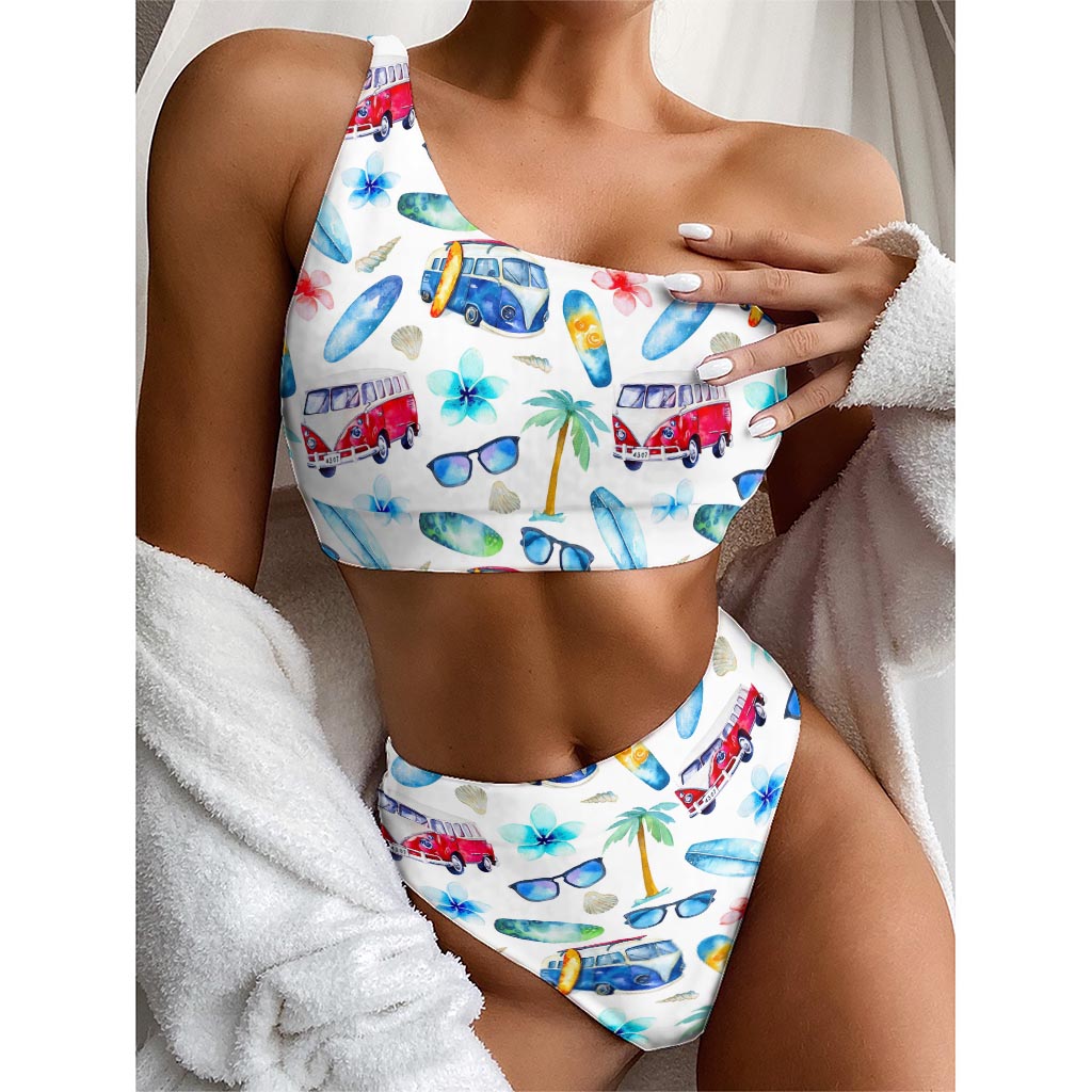 Watercolor Surfing Pattern Print One Shoulder Bikini Top