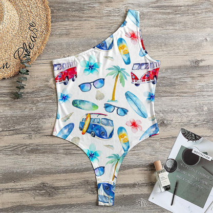 Watercolor Surfing Pattern Print One Shoulder Bodysuit