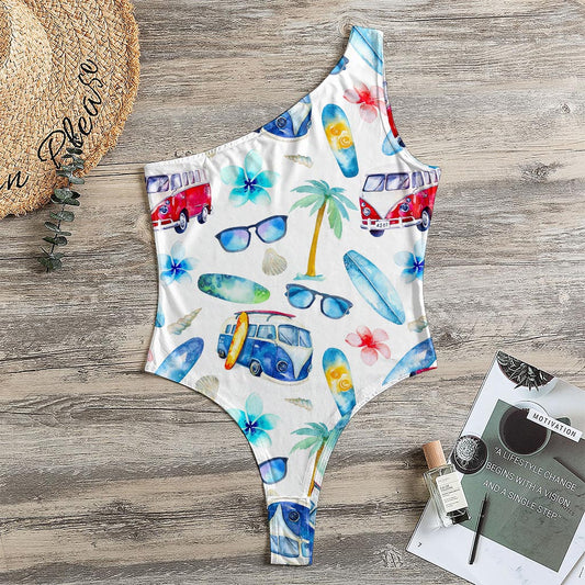 Watercolor Surfing Pattern Print One Shoulder Bodysuit