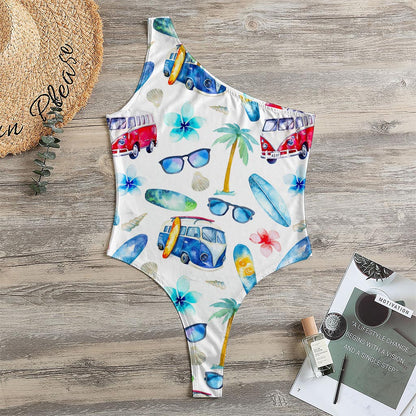 Watercolor Surfing Pattern Print One Shoulder Bodysuit