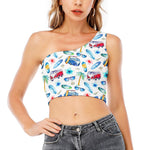 Watercolor Surfing Pattern Print One Shoulder Crop Top