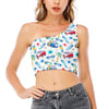 Watercolor Surfing Pattern Print One Shoulder Crop Top