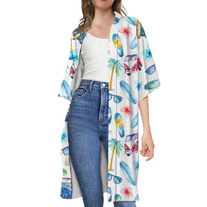 Watercolor Surfing Pattern Print Open Front Beach Cover Up