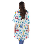 Watercolor Surfing Pattern Print Open Front Beach Cover Up