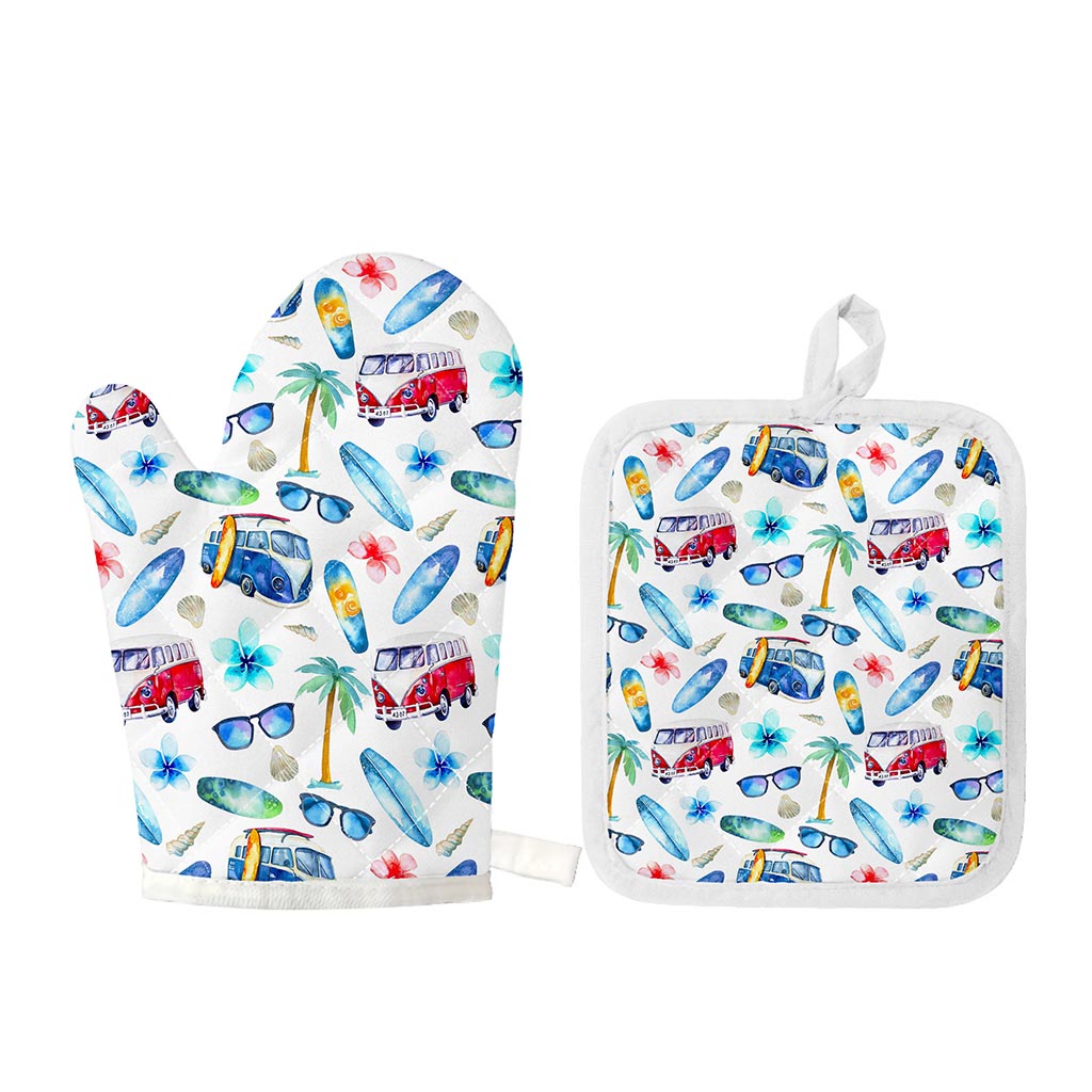 Watercolor Surfing Pattern Print Oven Mitt And Pot Holder Set