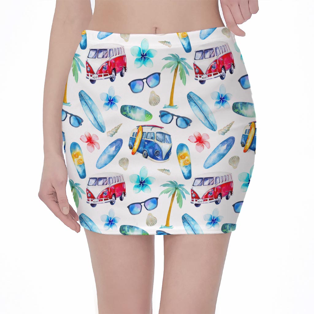 Watercolor Surfing Pattern Print Pencil Mini Skirt