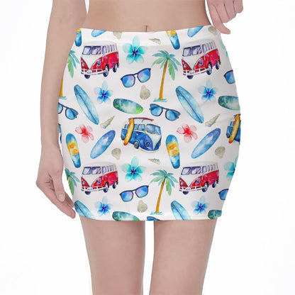 Watercolor Surfing Pattern Print Pencil Mini Skirt