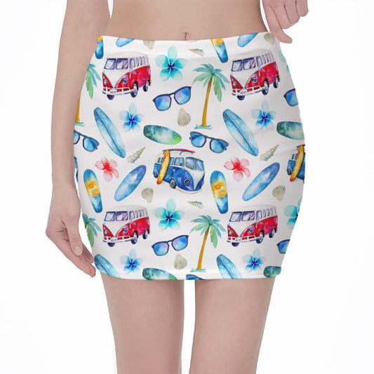 Watercolor Surfing Pattern Print Pencil Mini Skirt