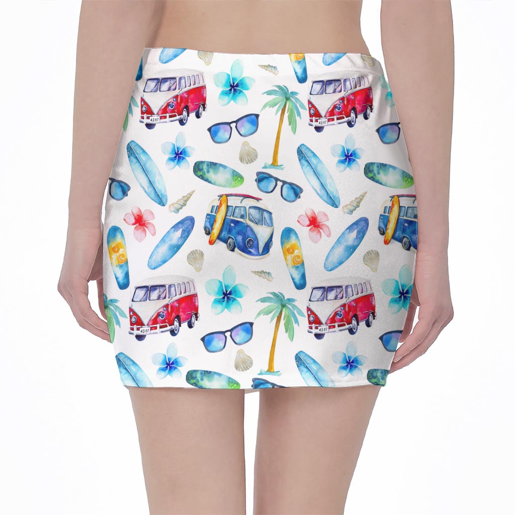 Watercolor Surfing Pattern Print Pencil Mini Skirt