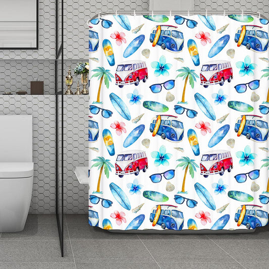 Watercolor Surfing Pattern Print Polyester Shower Curtain