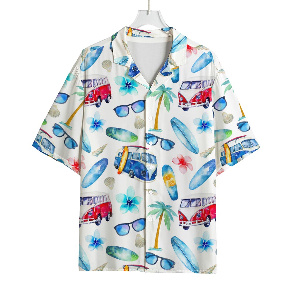 Watercolor Surfing Pattern Print Rayon Hawaiian Shirt