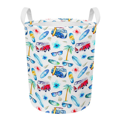 Watercolor Surfing Pattern Print Round Laundry Basket