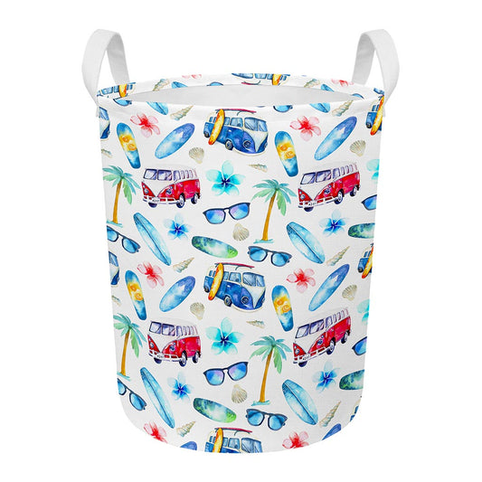 Watercolor Surfing Pattern Print Round Laundry Basket