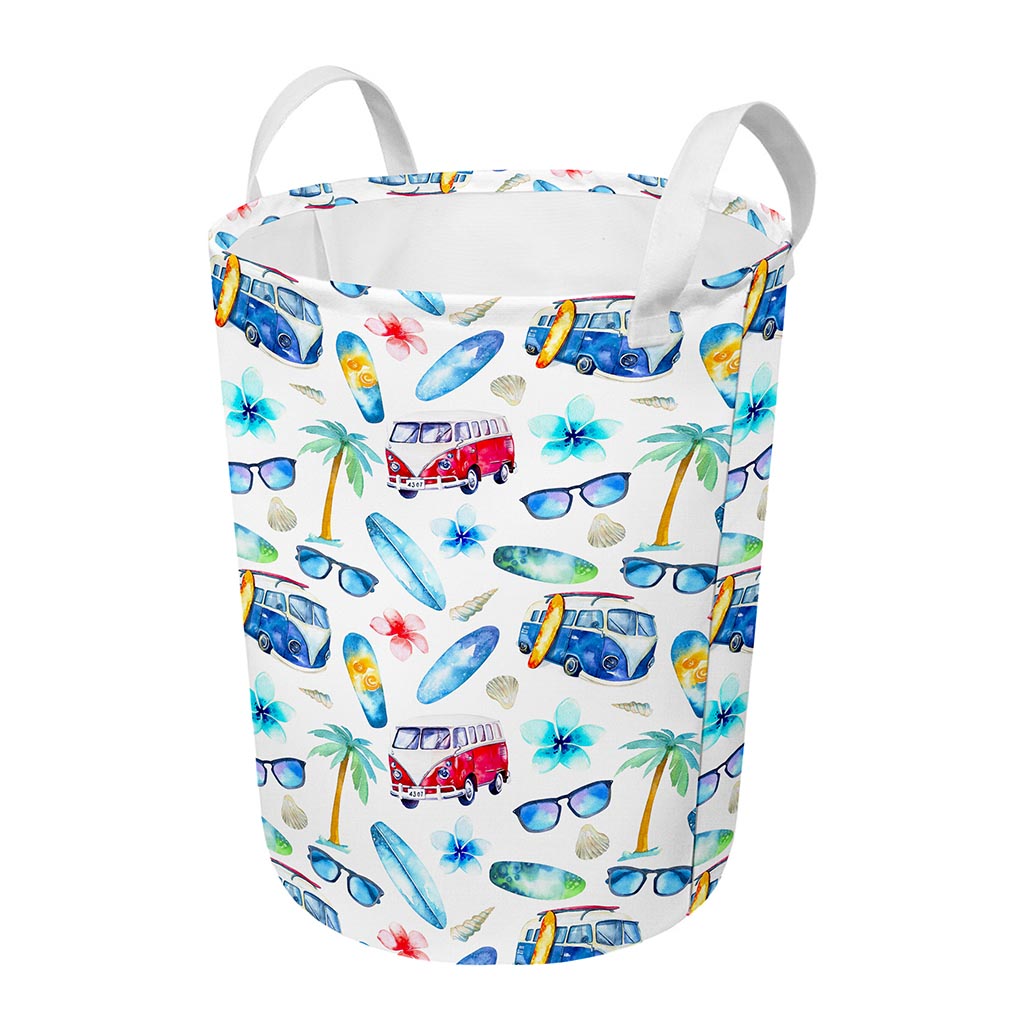 Watercolor Surfing Pattern Print Round Laundry Basket